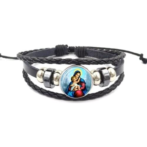 Virgin Mary Mother of Baby Christian Jesus Leather Bracelet Adjustable Man Bangle Bracelet Jewelry Bracelet for Christ
