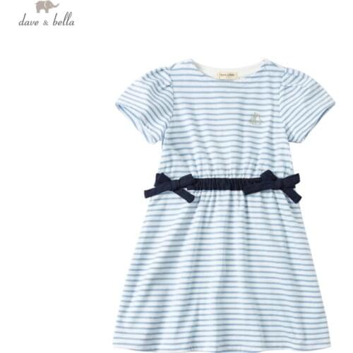 DKY17743 dave bella summer girls 5Y-13Y fashion bow striped print dress children sweet dress kids infant lolita clothes