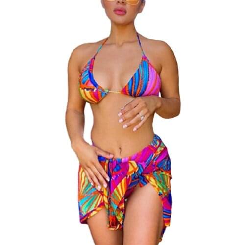 Women Three-piece Swimsuit High Waist Bikini set Personality Colorful Print Summer Beach Bathing Suit