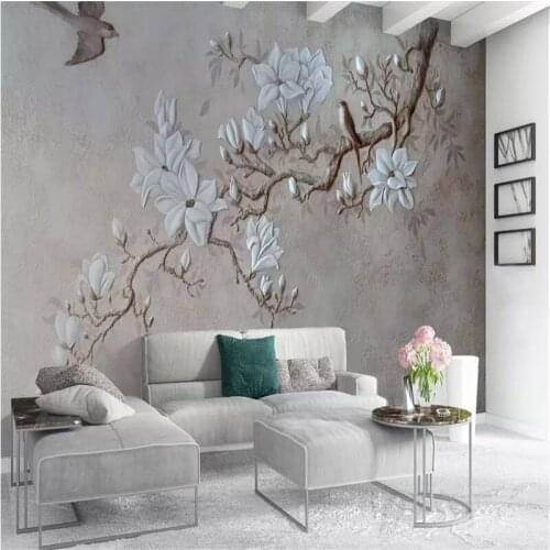 Custom Chinese Floral Wallpaper 3D Relief Magpie Magnolia Means Luck Is Coming Soon Gray Mural Wallpapers for Living Room Walls