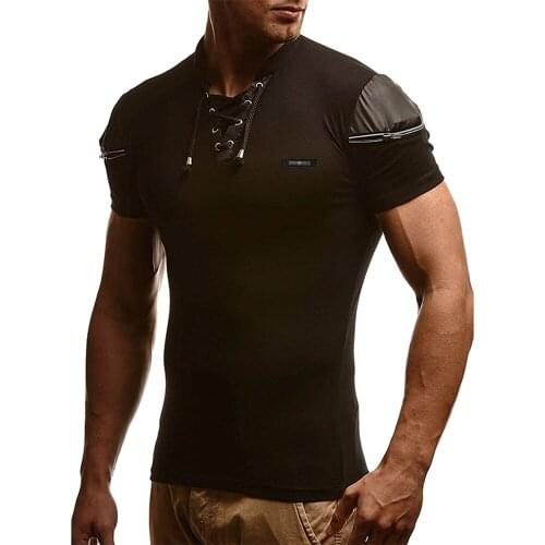 Covrlge Out White V Neck T Shirt Mens Sexy Bandage Hollow Male Patchwork Leather T-shirt Men Hip Hop Streetwear Zipper MTS592