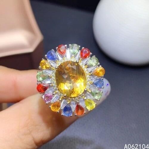 KJJEAXCMY fine jewelry 925 sterling silver inlaid Citrine color sapphire Womens noble luxury adjustable oval gem ring support d
