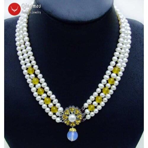 Qingmos 6-7mm Round Natural FW White Pearl Necklace for Women with 12mm Opal Pendant Necklace Yellow Jades 3 Strands 18" Chokers