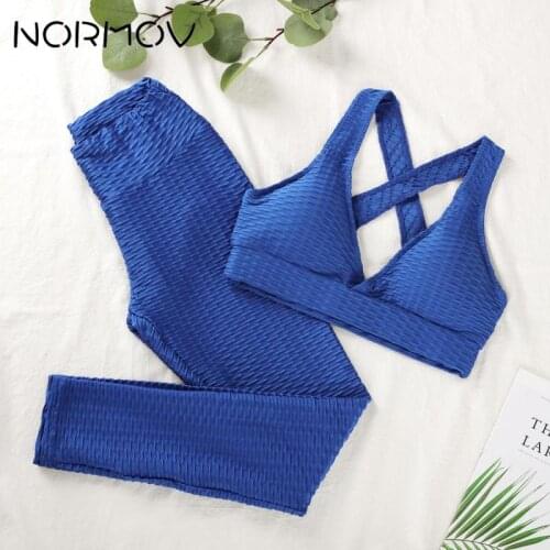 NORMOV 2PCS Solid Short Seamless Yoga Set Women Sport Gym Set For Women Short Sets Summer Cross straps Bra Running Workout Sets