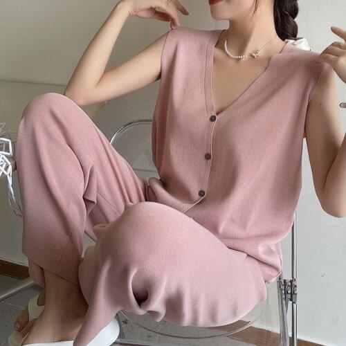 French Two-Piece Ssets Perfume V-Neck Knitted Vest Single Breasted Fashion Simple Wide-Legged Pants Women Suit Ice Silk Sweet
