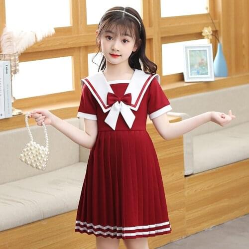 College Style Short-Sleeved Korean Dress Girl Bow Sailor School Uniform Summer Performance Costume Children Sweet princess Dress