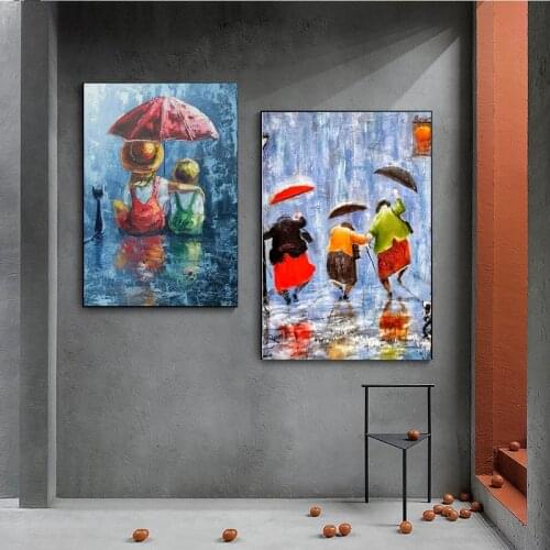 Boys and Girls In The Rain Under Umbrella Couples Canvas Painting Poster and Print Wall Art Pictures for Modern Home Decoration