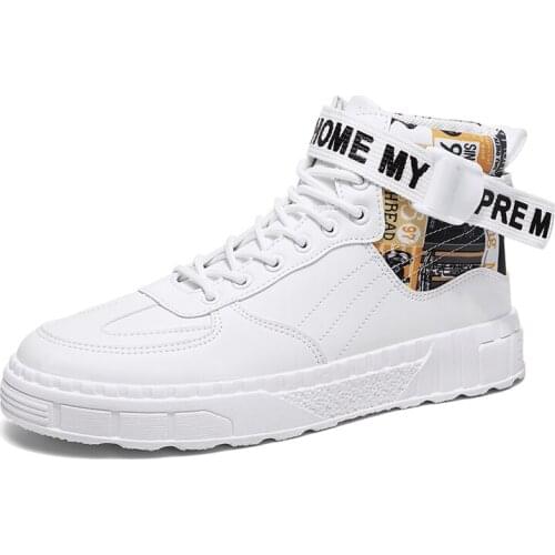 Autumn Leather Sneakers New High Quality Men Vulcanized Shoes High Top Canvas Casual Shoes Men Metal Chain Plus Size Male Flats