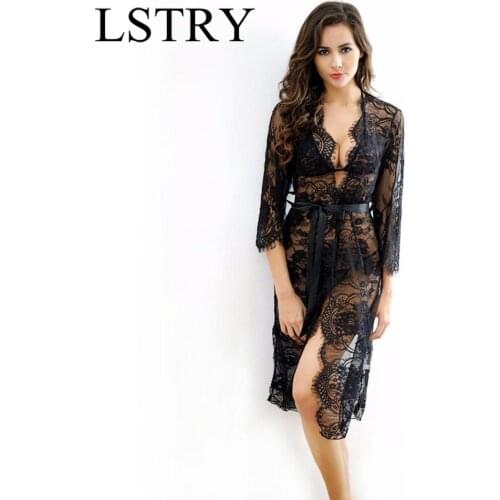 2021 New Women Sexy Deep Neck Lace Lingerie Sleepwear Dress Underwear Sexy Dress Nightgown Black White nightdress chemise de nui