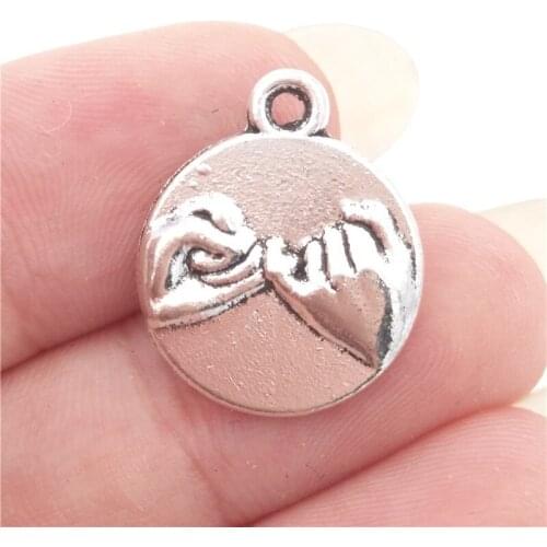 BULK 30 Zinc Alloy Best Friends Couple Pinky Promise Charms Antique Silver Plated Round Pendant DIY Jewelry Making 16*16mm 1.5g