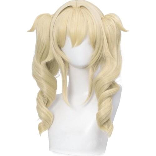 Genshin Impact Barbara Cosplay Wig Pale Blonde Long Curly Twin Ponytails Heat Resistant Hair Adult Halloween Role Wigs + Wig Cap