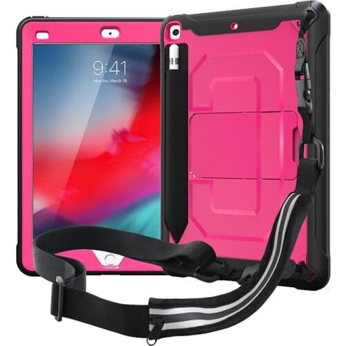 Shockproof Cover High Impact Silicone+PC Case with Shoulder Strap and Pencil Slot for Apple iPad 9.7 2017 iPad 9.7 2018 Tablet