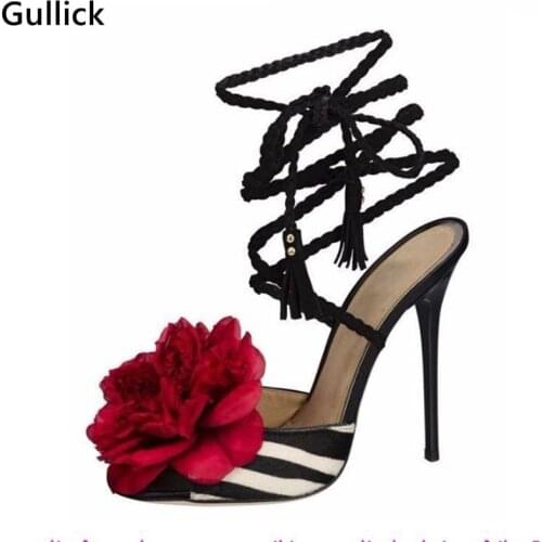 Hot Selling White And Black Zebra Stripes Big Red Flower Sandals High Heel Lace-up Cut-out Summer Dress Sandals For Woman