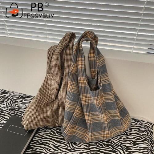 Leisure Women Plaid Printing Shoulder Underarmn Bag Causal Canvas Large Capacity Shopping Handbags Protable Travel Tote Pouch