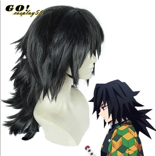 Tomioka Giyuu Cosplay Wig Black Fluffy Ponytail Synthetic Hair Halloween Role Play Adult