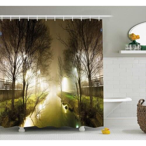 Forest Shower Curtain Water Channel Foggy Weather Trees Grass City Street at Winter Night Mystery Bathroom Waterproof Curtains