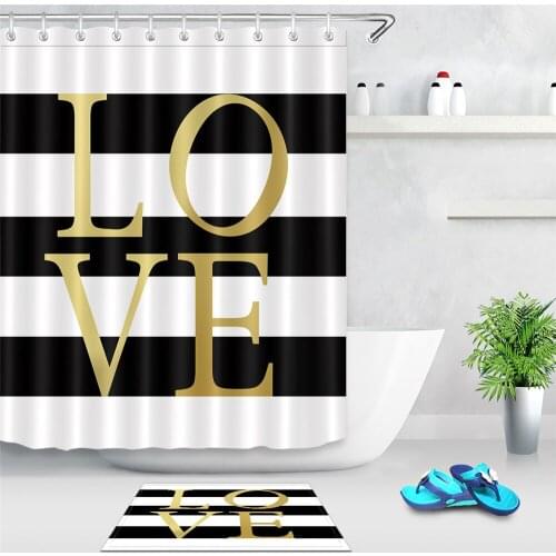 LB Black and White Striped Valentines Day Shower Curtain,Modern Gold Love Bathroom Decor Curtain,Waterproof Polyester Fabric