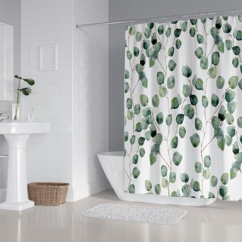 Shower Curtain Watercolor Green Floral Eucalyptus Round Leaves Pattern Branches Home Bathroom Decor Polyester Fabric Waterproof