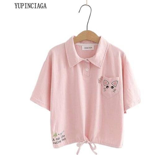 Harajuku pink t shirt women kawaii cat embroidery Turndown collar tshirt girls sweet short tshirt crop top female funny tee tops