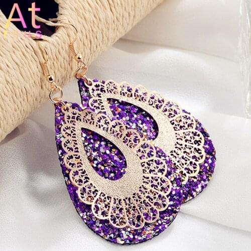 Stainless Steel water drop sequins lady earrings 2021 bohemia big glitter Leaf long earrings leather Ethnic palace party jewelry