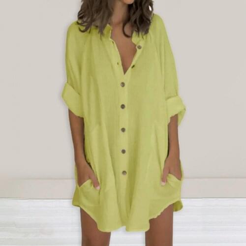 Women Loose Solid Dresses Turn Down Casual Ladies Office Shirt Dresses Button 2021 Summer Spring Long Sleeve Dresses Vestidos