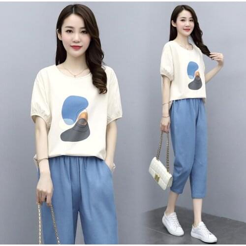 Two Piece Set Women 2020 summer Casual Tracksuits Print suit tshirt And Pants Loose Sportswear suit femme fashion sets W247