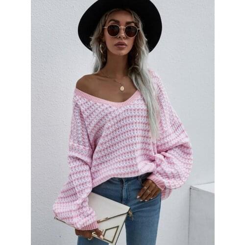 2021 Autumn and Winter Womens Knitwear Stripe V-Neck TemperamentLarge Size Sweater Casual Loose Long Sleeve Pullover
