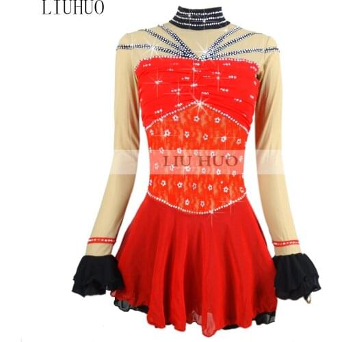 Figure Skating Dress Womens Girls' Ice Skating Competition Dress Red stand collar long sleeve High stretch fabric Cheerleading