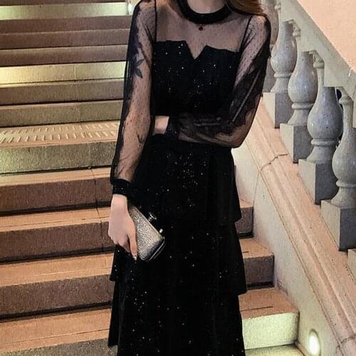 Plus Size Black High-Necked Lace Transparent Dresses For Women 2021 A-Line Evening Dress With Sleeves Multi-Layer Cake Dress