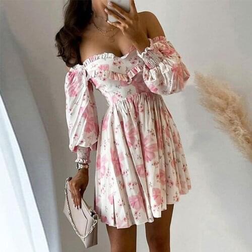Floral Print Summer Dress For Women Sexy Off Shoulder Long Sleeves Pleated Mini Dresses Female Sweet Backless Sexy Vestido 2021