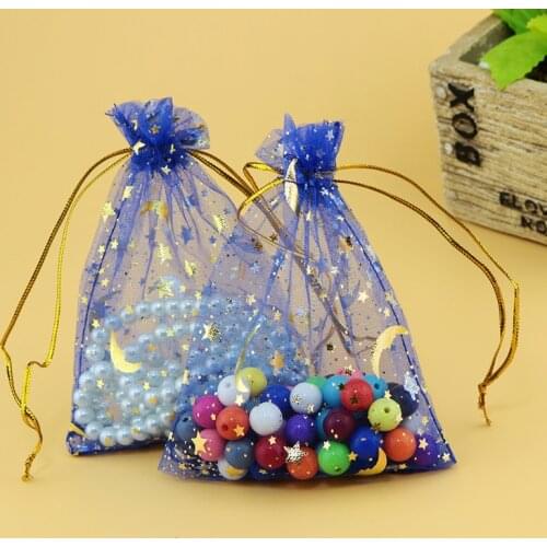 200pcs Royal Blue Star Moon Bronzing Organza Gift Jewelry Packaging Bags Festival Gift Bag Saquinho De Organza 7x9cm Wholesale
