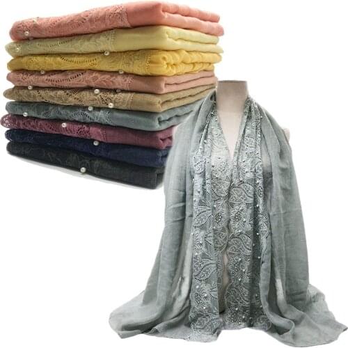 Elegant Lace Hijab Scarf for Muslim Women Islamic Pearls Beading Headscarf Female Wrap Head Scarves Plain Headscarf 175*80cm