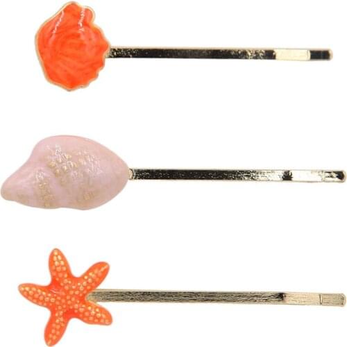 3 Pieces Enamel Starfish Shell Conch Barrettes Metal Sealife Animal Hair Pin Women Fashion Jewelry Accessory