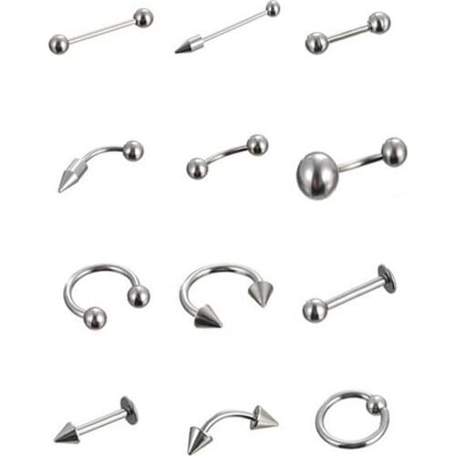 12pcs Mixed 16G Stainlessl Steel Tongue Rings Lip Ear Ring Labret Belly Nose body Jewelry Tragus Helix Ear Piercing Body Jewelry