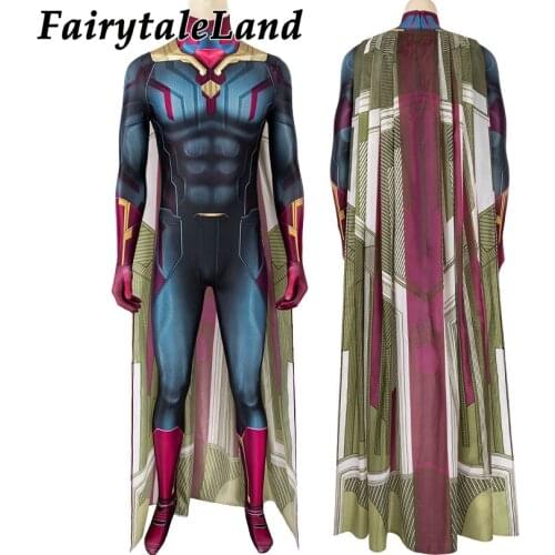 Carnival Halloween 3D Printing Superhero Vision Jumpsuit adult Men Cosplay Costume Spandex Zentai Suit With Cape