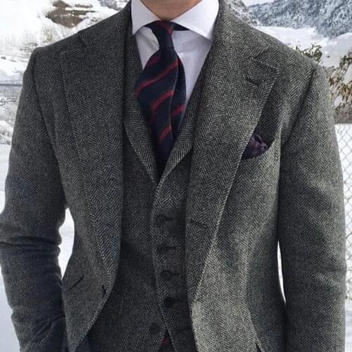 Autumn And Winter Gray Wool Tweed Men Suits For Winter Wedding Formal Groom Tuxedo 3 Piece Fashion Set Jacket Vest With Pants