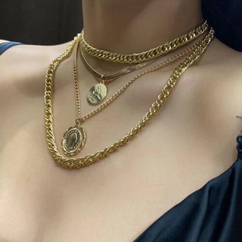 Retro Steampunk Miami Cuban Multilayer Large Coin Pendants Pendant Chunky Necklace Jewelry Chain for Womens Neck Accessories