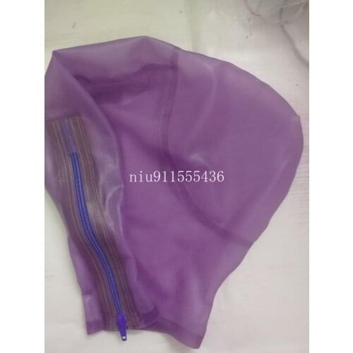 Sexy Latex Women Full Head Latex Rubber Mask Transparent Purple Hoods Fetish Cosplay Mask Back Zipper Club Wear