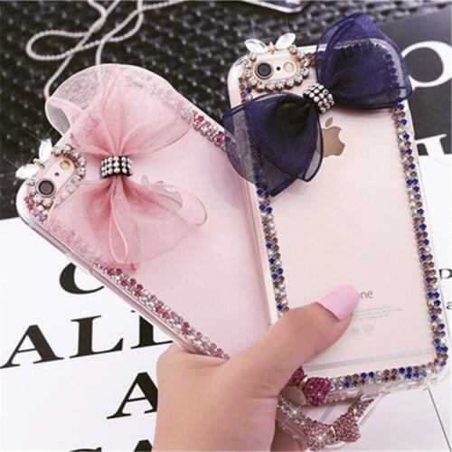 For Iphone 11 Pro MAX X XS XR 5S 6S 7 8 PLUS Cute Lace Bowknot Diamond Crystal Rhinestone Phone Case Soft Back Cover