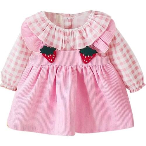 Baby girl clothes girls dress spring and autumn new long-sleeved plaid strawberry cute skirt girls dress birthday princess dress