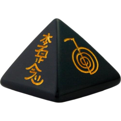 TUMBEELLUWA Black Obsidian Pyramid Engraved Chakra Symbol,Crystal Point Healing Reiki Figurine