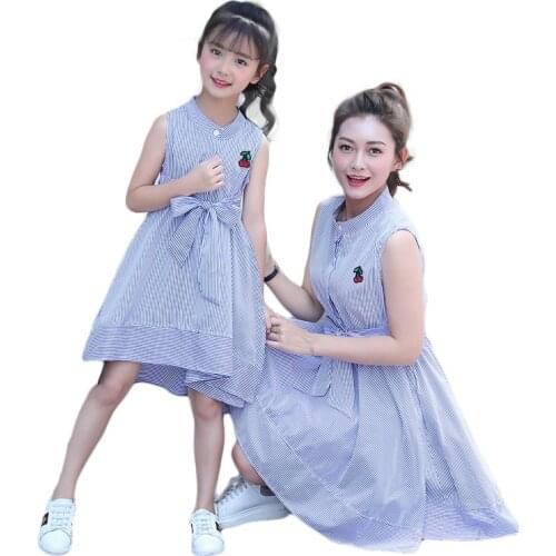 Mother Daughter Dresses Family Matching Outfits Striped Embroidered Kids Dress For Girls Sleeveless Party Dress Children Clothes