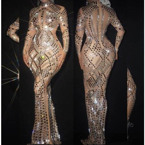 Sexy Evening Party Concert Mirror dresses Silver Sequins Rhinestones Mesh Long Dress Nightclub bar Singer Floor Length Dresses