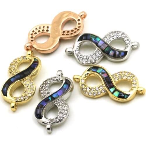 Eternity connector, with white abalone shell chips, clear cubic zirconia CZ micro pave, space connector