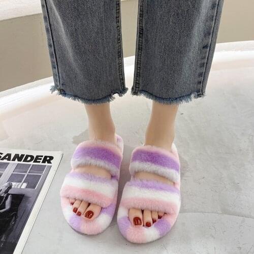Warm Fluffy Slipper Women Cozy Faux Fur Indoor Floor Slides Flat Soft Furry Shoes Ladies Female Celebrities Flip Flops Wholesale