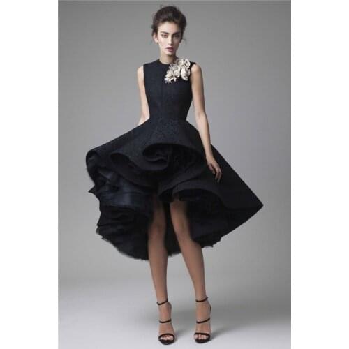 Krikor Jabotian Prom Dresses Hand Made Flower Jewel Neck Dark Navy Evening Dress Knee Length Party Gown Sleeveless Ball Gown