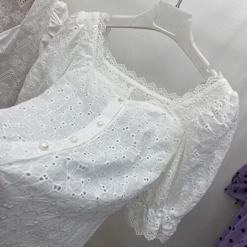 Button French square collar Lace Blouse Shirts Hollow Flower Embroidery Short Sleeve Shirt Purple Cotton Ladies Tops 750B