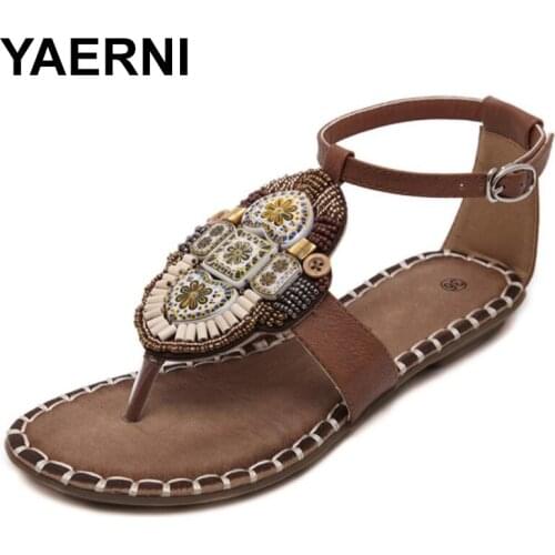 YAERNI 2019 Summer Women Sandals Bohemian Fashion Beading Pu Printed Gladiator Casual Flat Sandals For Woman E819