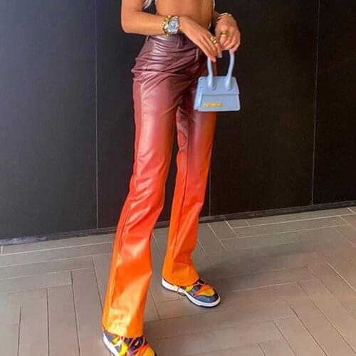 Women Gradient Colorful Y2K Faux Leather Pants Straight Vintage Office Lady Slim 2021 Autumn New Streetwear Trousers Fashion