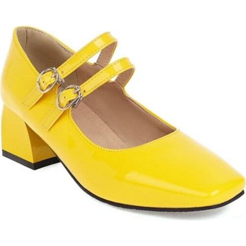 QPLYXCO High Heels Women Pumps Square Head Five Color Patent Leather Wedding Mary Jane Ladies Dress Shoes Plus Size 28-52 273